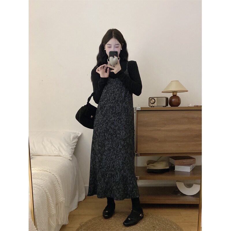 新品大码女装胖mm针织打底衫上衣两件套遮肉过膝中长款吊带裙内搭