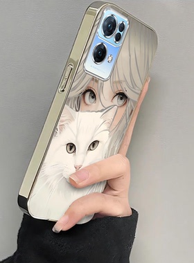 适用PFDM00手机壳OPPOPFDM00保护OPPO套PFDMOO新款OPPOPFDMOO电镀抱猫女孩Reno7Pro5G全包Reno防摔高级感0PP0