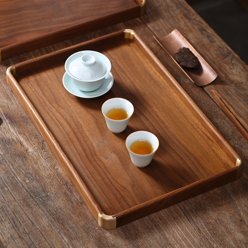 天然北美黑胡桃木茶盘镶铜角实木家用托盘长方形原木质收纳盘茶具
