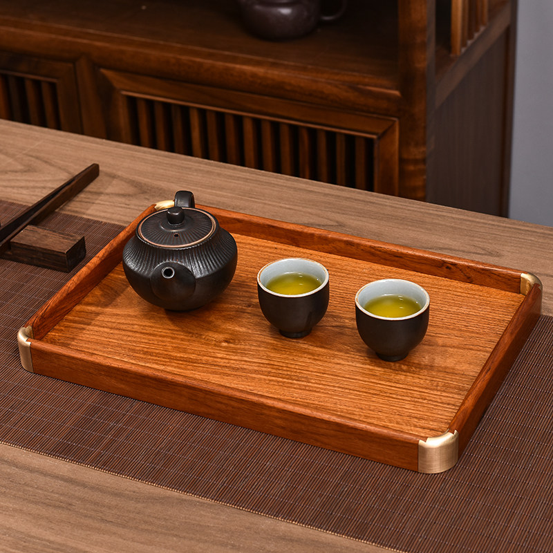 天然花梨木茶盘家用红木托盘现代简约茶台都承盘镶铜角收纳盘茶具