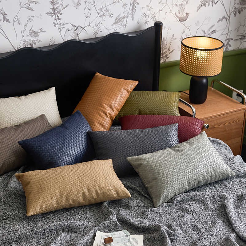 编织纹长条皮革抱枕轻奢高级感客厅沙C发长方形靠背垫2024新款靠