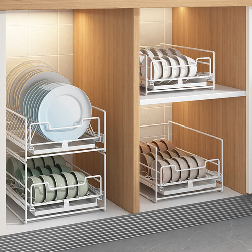 厨房拉篮免安装橱柜内抽拉式碗碟收纳架子抽屉碗盘沥Y水滑轨置物