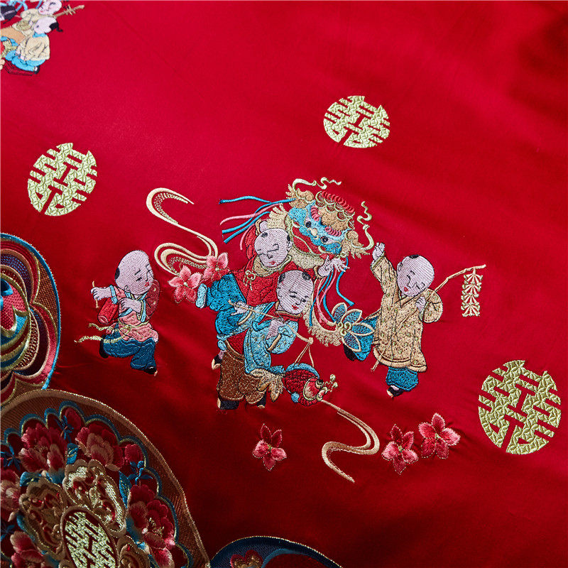 百子图四a件套结婚喜庆大红贡缎刺绣子孙被喜被纯棉百子被婚庆用