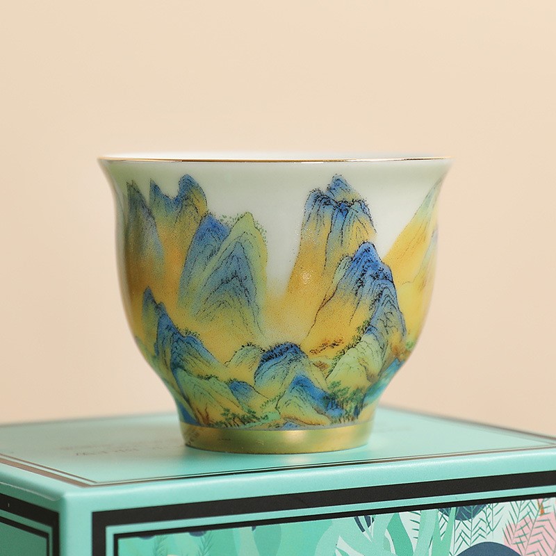 成艺工坊淘宝抖音爆款千里江山陶瓷茶具套装品茗杯男女主人杯茶杯