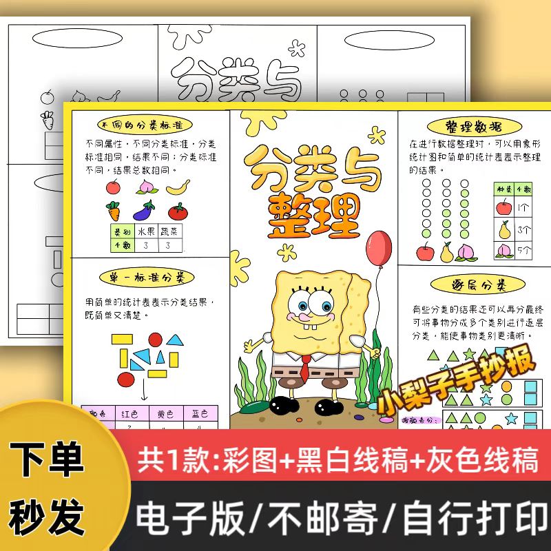 二年级数学上册第一单元分类与整理手抄报模板电子版小报线稿