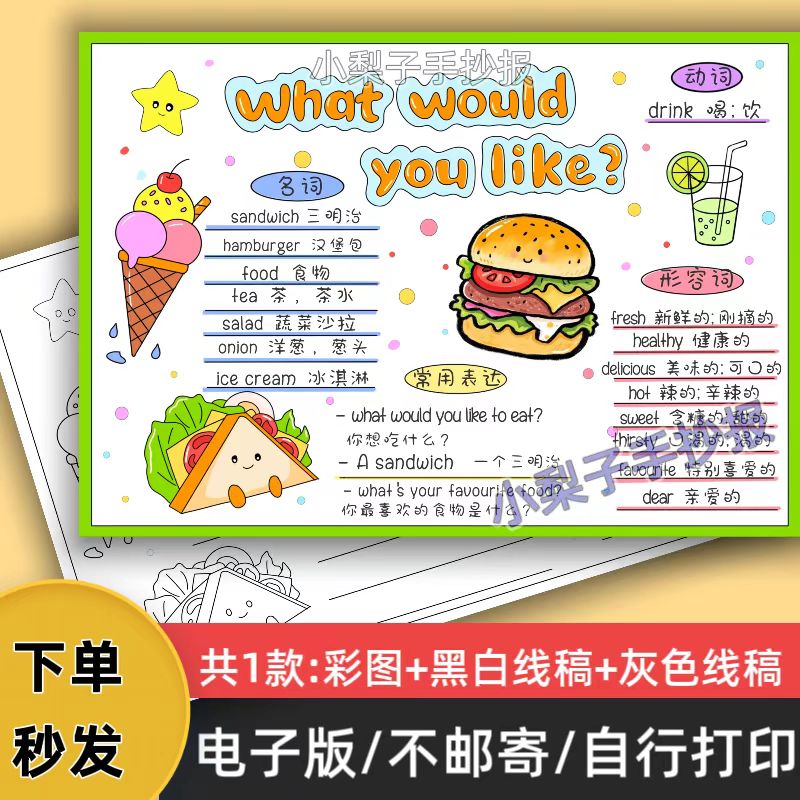 A15五年级英语上册what would you like手抄报模板电子版线稿