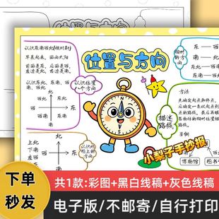 c43位置与方向手抄报模板电子版 小学生认识方向小报线稿可打印