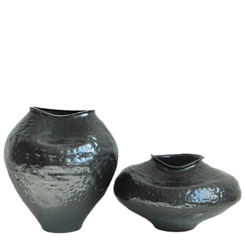 高级样感异形艺术手工黑罐中式简EVT约现代瓷陶花瓶摆件陶饰品板