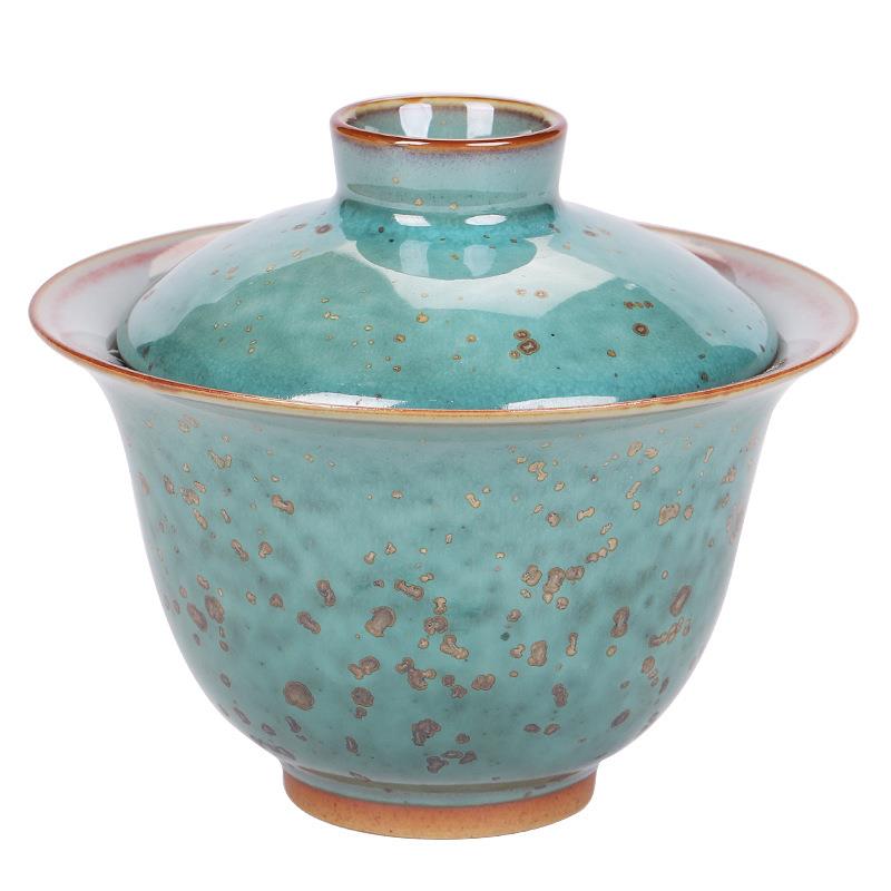 钧瓷盖大号才茶碗三夫陶瓷茶具泡茶碗家用钧窑碗功茶钧窑金斑盖碗