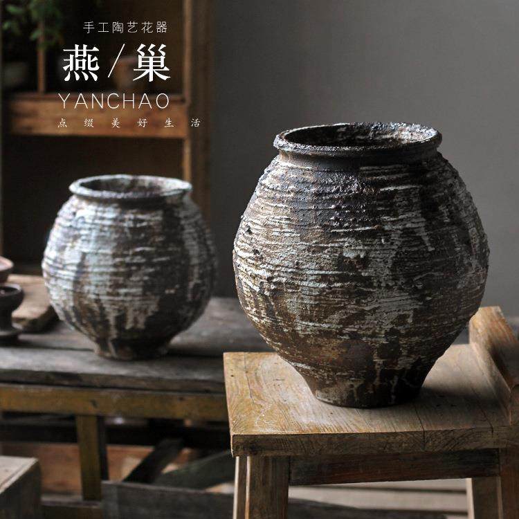 侘寂风复古粗陶花瓶客厅玄关桌面插花器大肚圆形陶罐民宿中式摆件,家居饰品,花瓶,淘宝优惠券,粉丝福利购,淘宝优惠卷