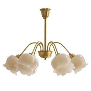 全铜美式 复古奶油风卧室衣帽间餐厅铃兰花朵吊灯 轻奢客厅吊灯法式