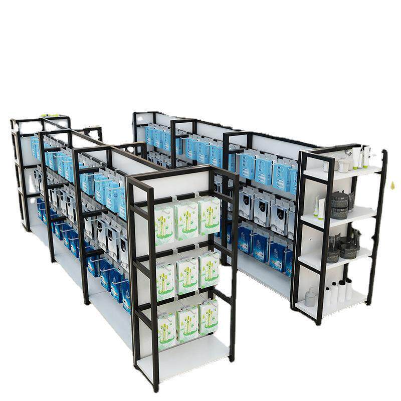 超市钢木货架便利店零食双面挂钩中岛货柜化妆产品自由组合展示架