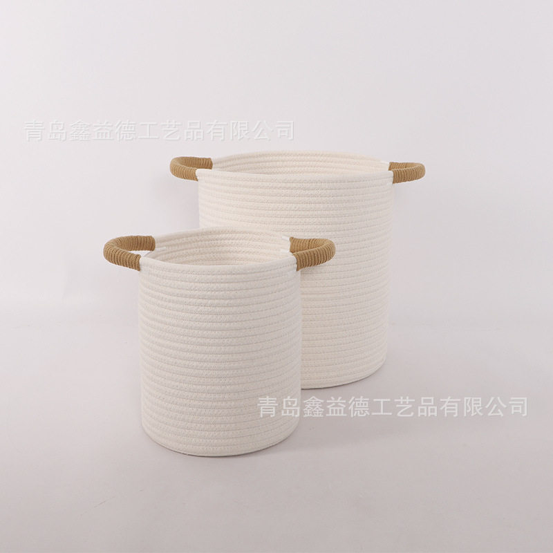 全原白棉绳收纳筐把手缠绕款大小号圆形玩具杂物整理脏衣篓可折叠