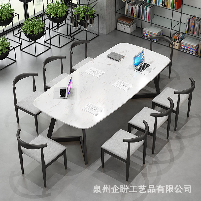 现代简约大理石会议桌 工作室多人洽谈桌椅组合 办公室铁艺电脑桌