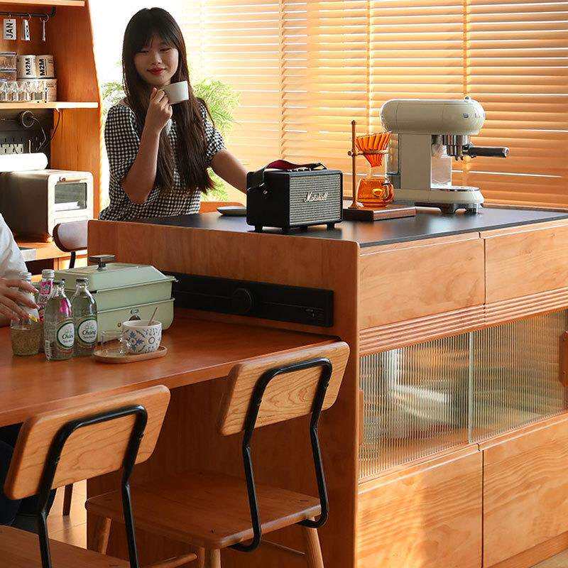 灵动岛台餐桌一体可伸缩日式岩板开放式厨房吧台实木餐边柜储物柜