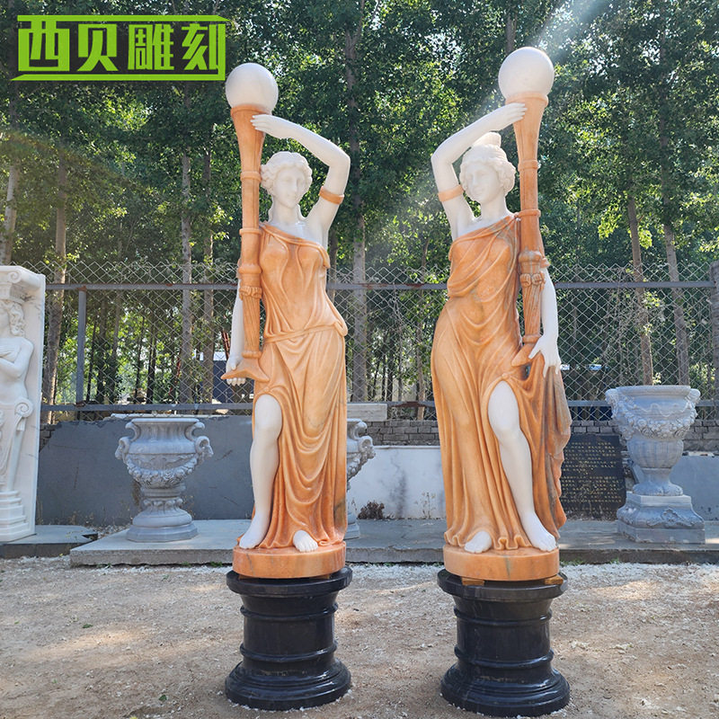 供应大理石欧式人物拼色雕塑大型广场西式石雕灯人雕塑艺术品摆件