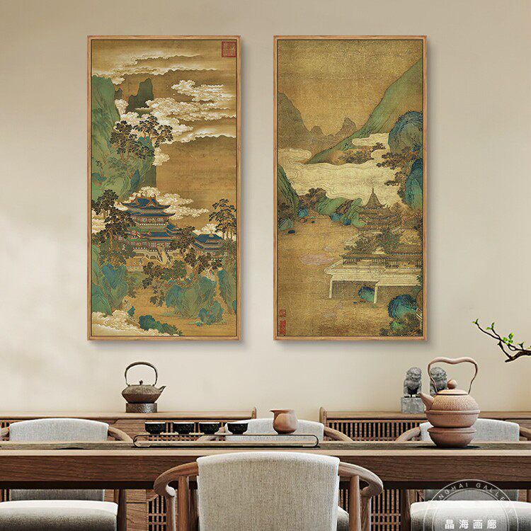 仙山楼阁图新中式南宋赵伯驹建筑山水画民宿客厅餐厅茶室背景挂画