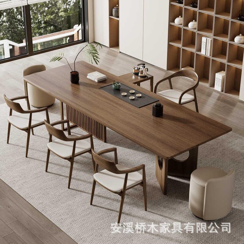 新中式实木家用办公室泡茶桌组合原木大板茶盘一体泡茶台简约茶几