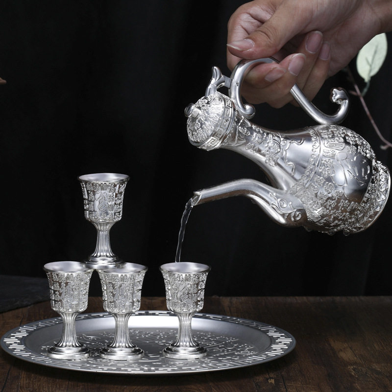 白酒酒具龙凤套装复古高档银色酒壶酒杯金属锌合金工艺品摆件酒具