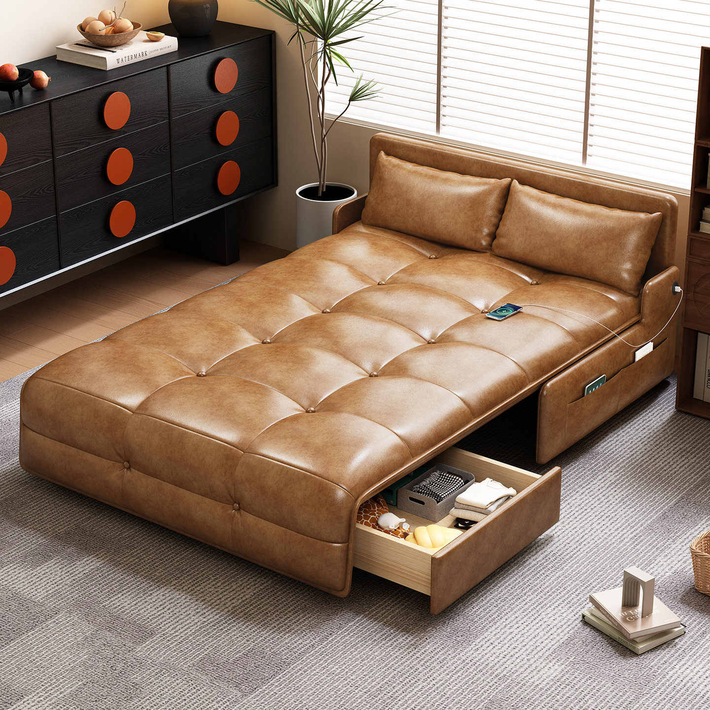 复古油蜡皮中古风沙发床电动伸缩智能遥控一体两用高端储物沙发床