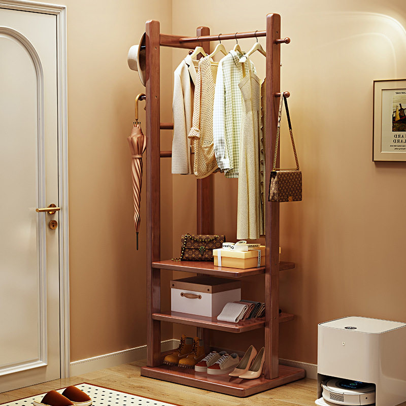实木衣帽架落地挂衣架进门小户型省空间多层置物架卧室衣服收纳架