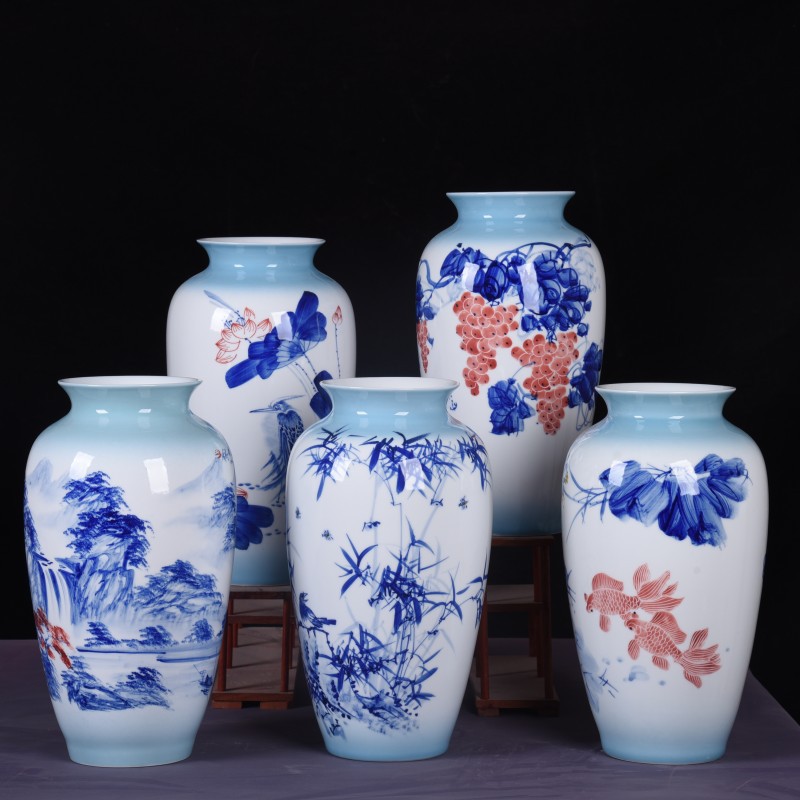 装饰工艺品陶瓷花瓶摆件手绘釉下彩荷花山水新中式花器桌面花瓶