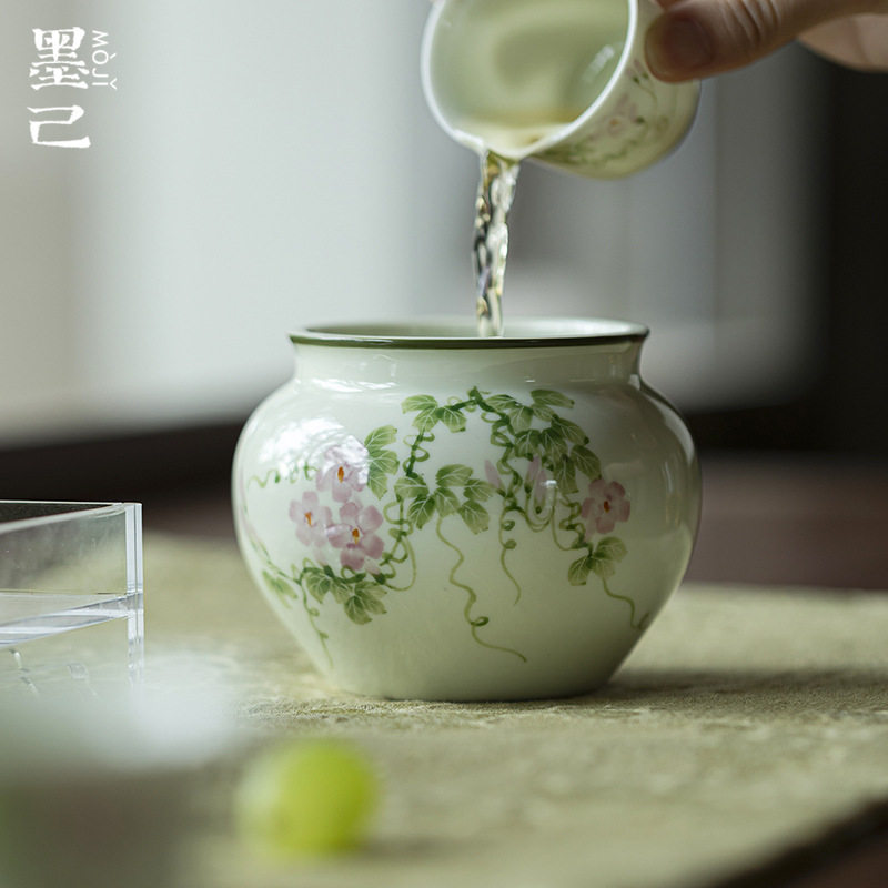 墨己小苍翠手绘陶瓷建水茶道配件牵牛花废水缸家用茶席摆件水盂