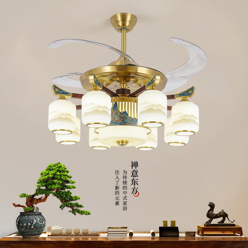 全铜新中式风扇灯隐形别墅自建房家用中国风大气餐厅客厅吊灯实木