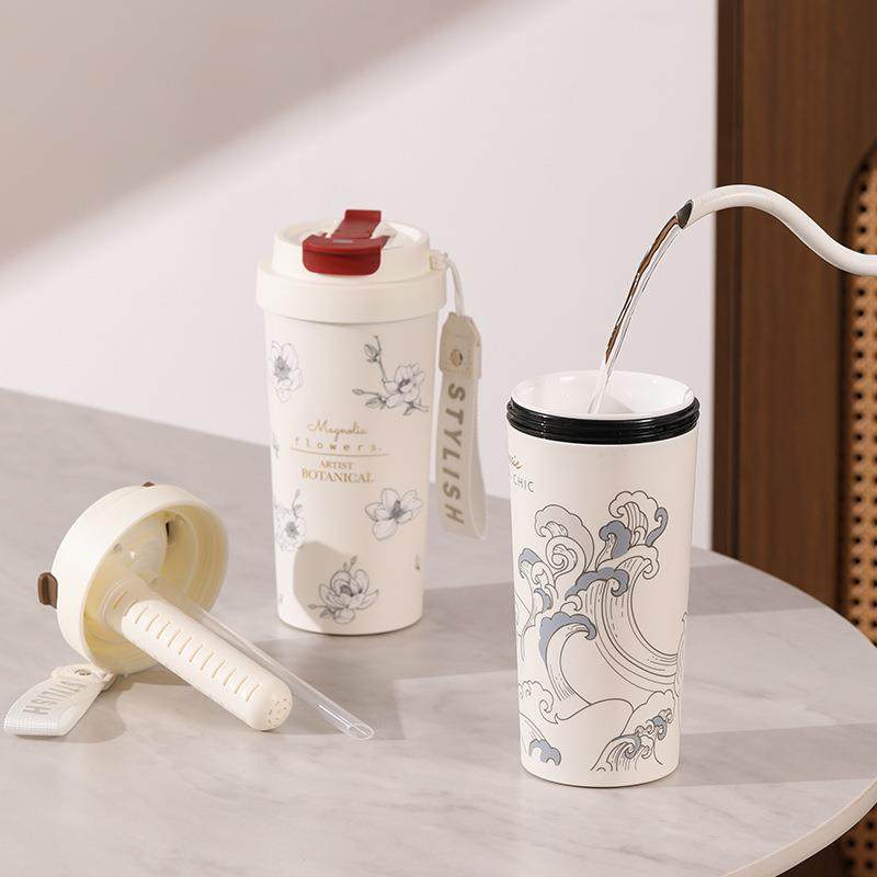 真陶瓷内胆咖啡杯双饮保温杯带茶漏水杯挂绳随身杯茶饮两用吸管