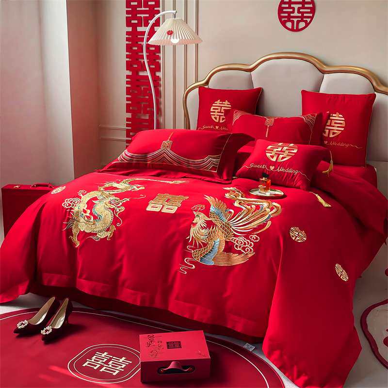 高档龙凤婚床四件套结婚红色床单被套新婚庆被子抱枕全套十件套六