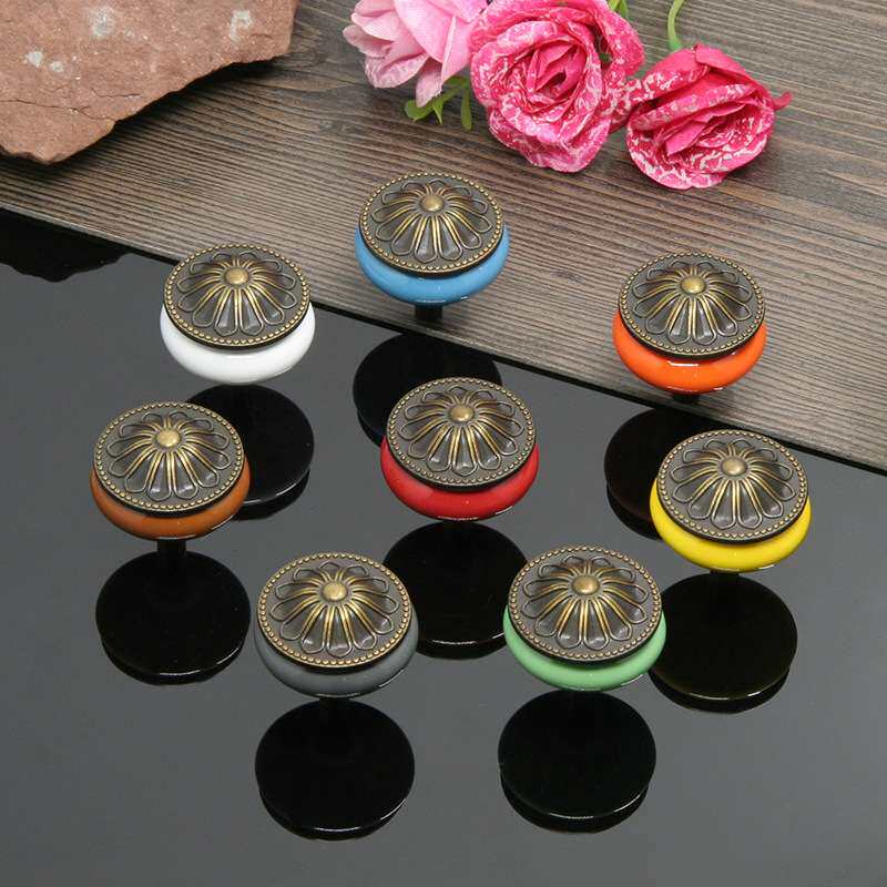 单孔拉手抽屉圆形圆头衣柜门中式欧式复古仿古锌合金陶瓷家具把手