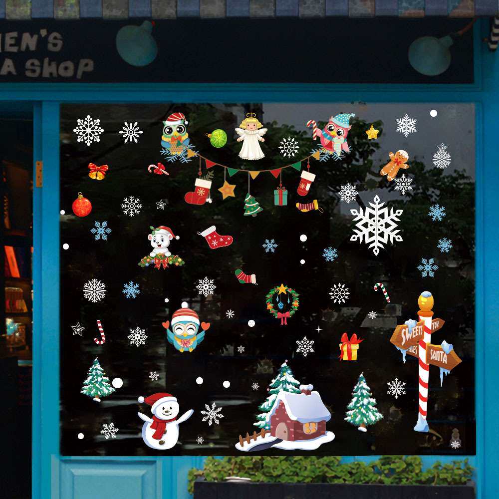 跨境猫头鹰雪人雪屋圣诞节派对玻璃橱窗衣柜玻璃贴窗花贴圣诞贴纸