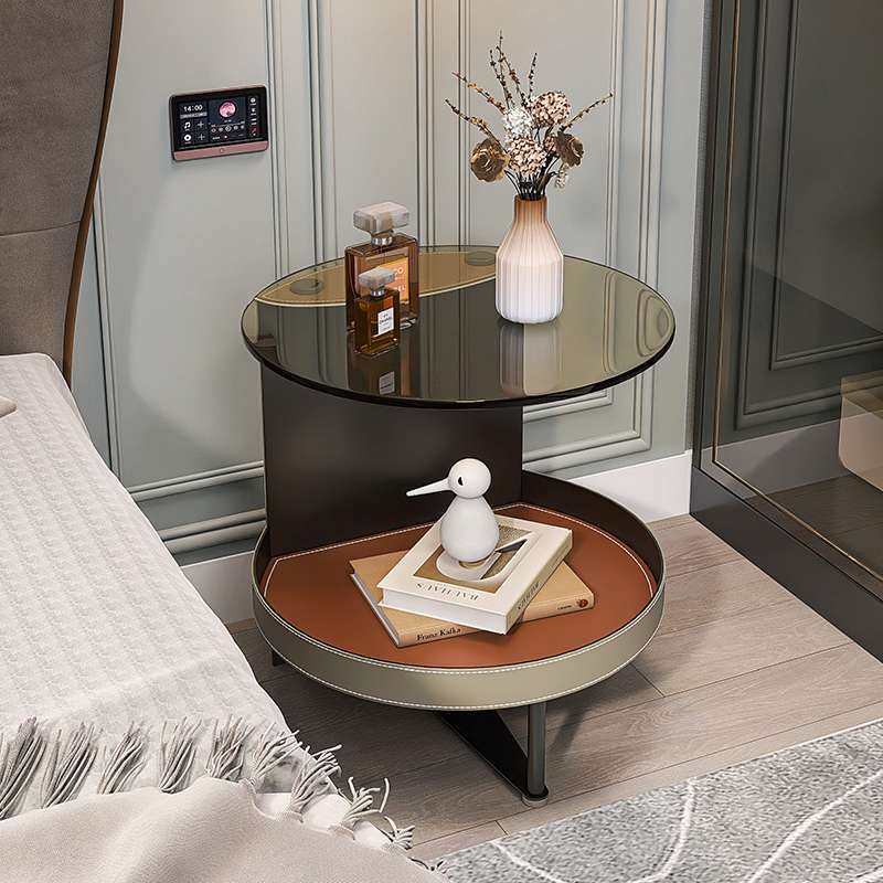 9U创意轻奢床头柜卧室床边桌替代钢化玻璃小桌子收纳马鞍皮沙发边