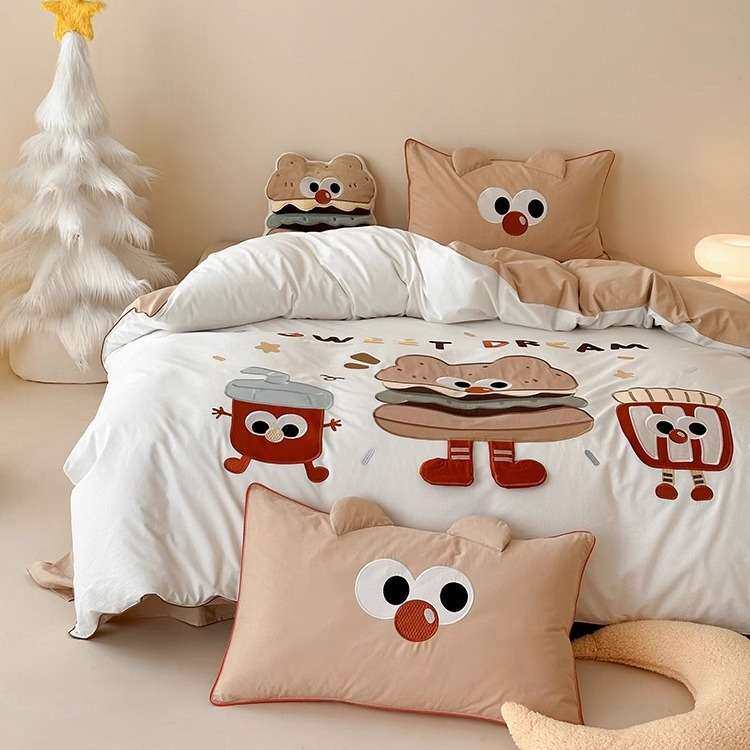 1卡通风全棉水洗棉四件套可爱薯条汉堡刺绣被套纯棉1.2m床上用品