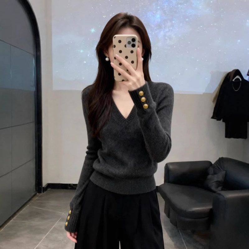 【下单立减50元】韩系复古v领针织衫修身显瘦高级感毛衣内搭上衣