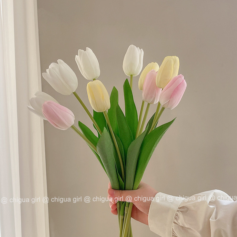 速发奶油色郁金厅花高设假花餐桌客香花瓶摆件摆档风拍照花束
