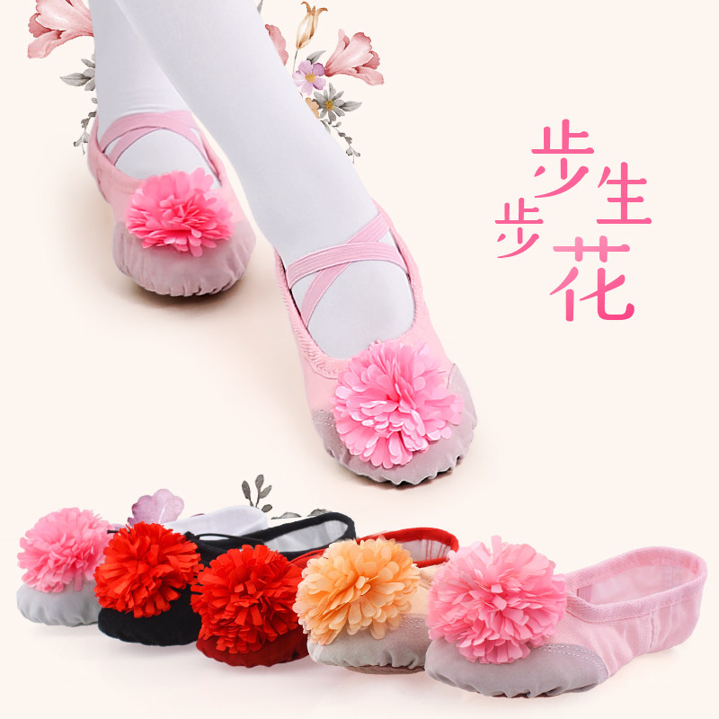 速发儿童舞鞋童民体花朵蕾底练功鞋立族黑色猫爪芭软舞鞋跳舞鞋子