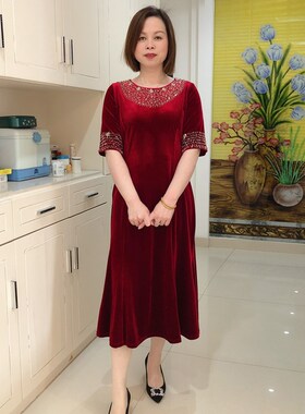 速发连端手工刺绣春秋装妈妈结婚礼婚高衣裙喜婆婆服宴装丝绒红色