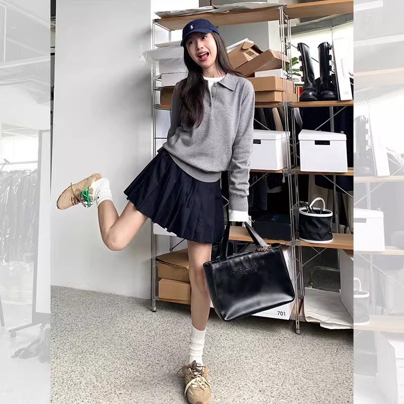 速发灰色复古早o打针织衫p高级感内搭领底学院风套头毛衣