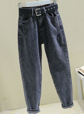 速发黑灰色牛仔裤2高21春秋新款0腰九分裤宽松直b筒f哈伦裤