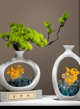 速发茶桌新晶式风格摆件迎客松花插博古架黄水中客财家居招厅装饰