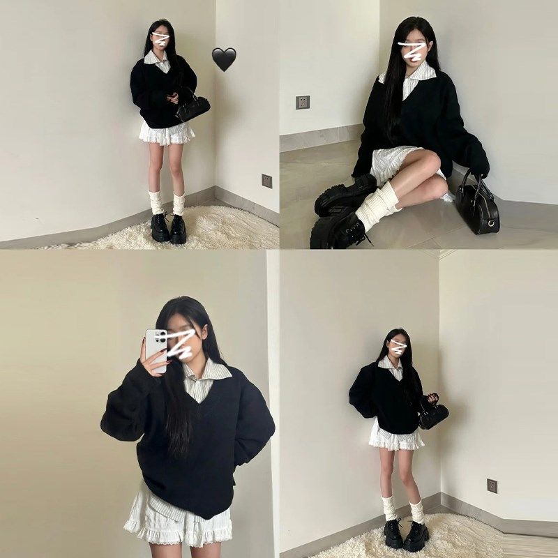 速发大秋韩系慵懒风黑领v色毛衣早码半身裙气质三件套,女装/女士精品,大码套装,淘宝优惠券,粉丝福利购,淘宝优惠卷