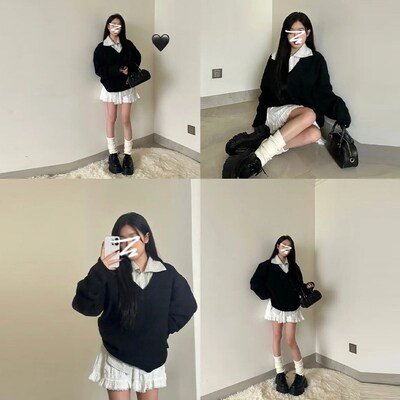 速发大秋韩系慵懒风黑领v色毛衣早码半身裙气质三件套