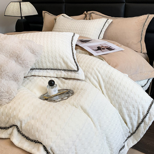 珊瑚绒加绒牀单牀笠款 速发加厚雕花牛奶绒四件套冬款 高端牀上用品