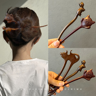 发簪古风新中式檀木可爱猫咪