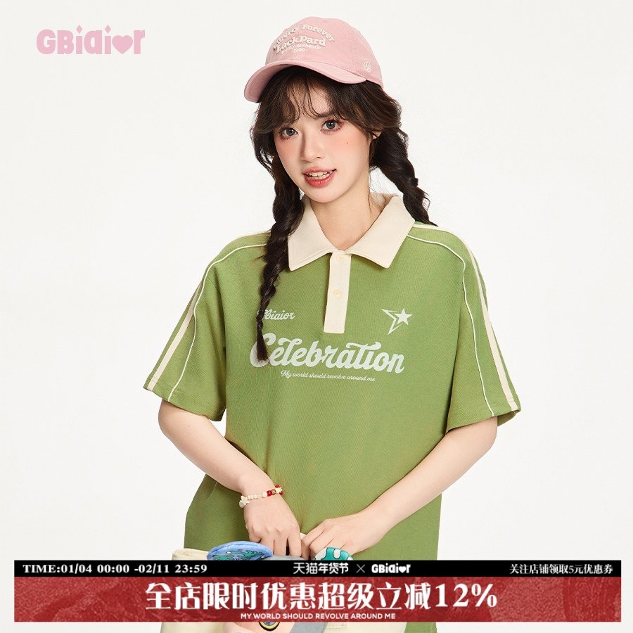 Gbiaior美式字母印花撞色拼接短袖t恤女polo衫2025夏新款休闲上衣,女装/女士精品,POLO衫,淘宝优惠券,粉丝福利购,淘宝优惠卷