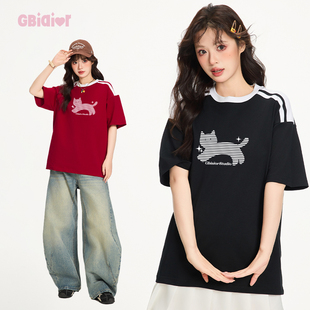 圆领半袖 Gbiaior美式 情侣装 T恤女男夏季 上衣 复古小猫印花拼接短袖