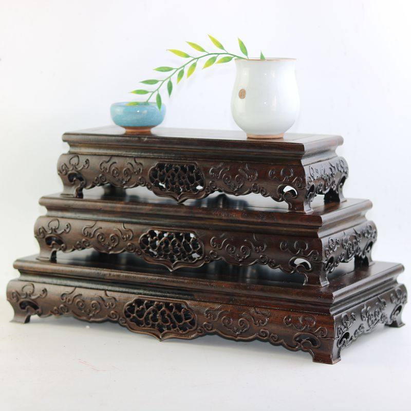 速发像木雕托意长方形实木底座佛红香炉花瓶花盆石头财神供奉木制