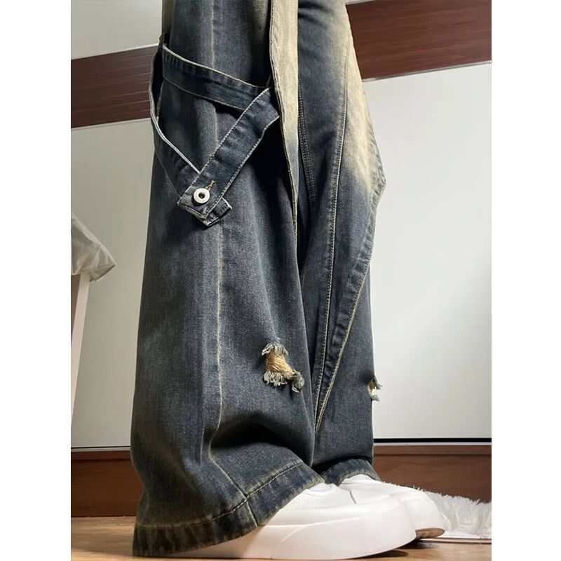 速发高个感美式复古高街设计子阔腿牛仔裤小腰宽松直筒拖地长裤