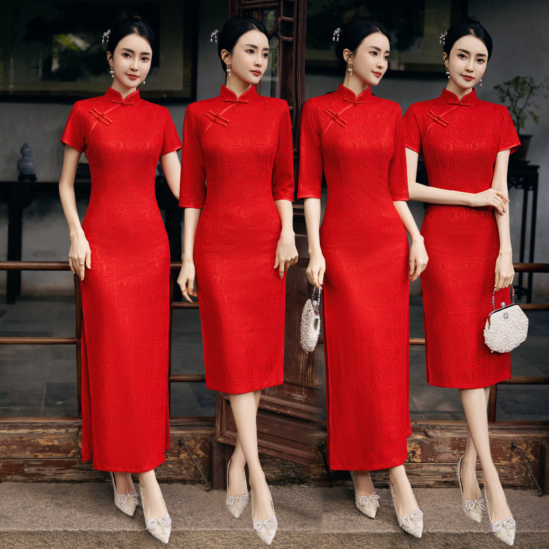 速发礼仪旗袍迎宾嫁颁奖礼服中国红外回服娘家服装中长款秋冬红色